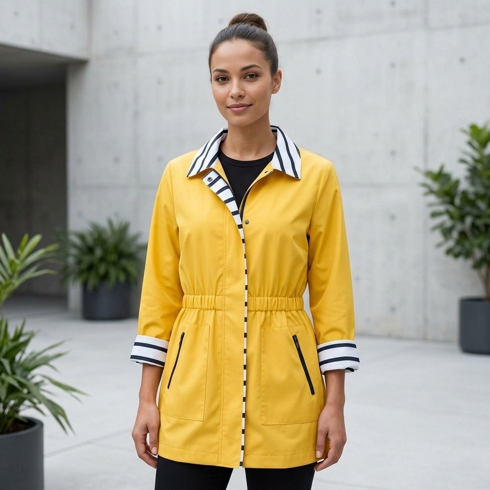 Zenergy by Chicos Yellow Lightweight Jacket Cinched Waist Striped Trim Size 0/XS